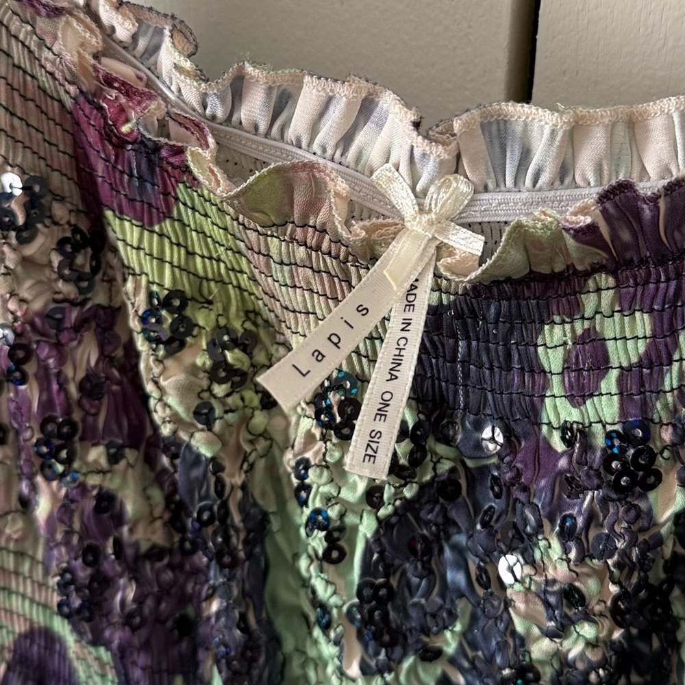 Vintage Y2K Lapis Strapless Floral Coverup Dress with Embellishments & Bustle - Picture 4 of 7